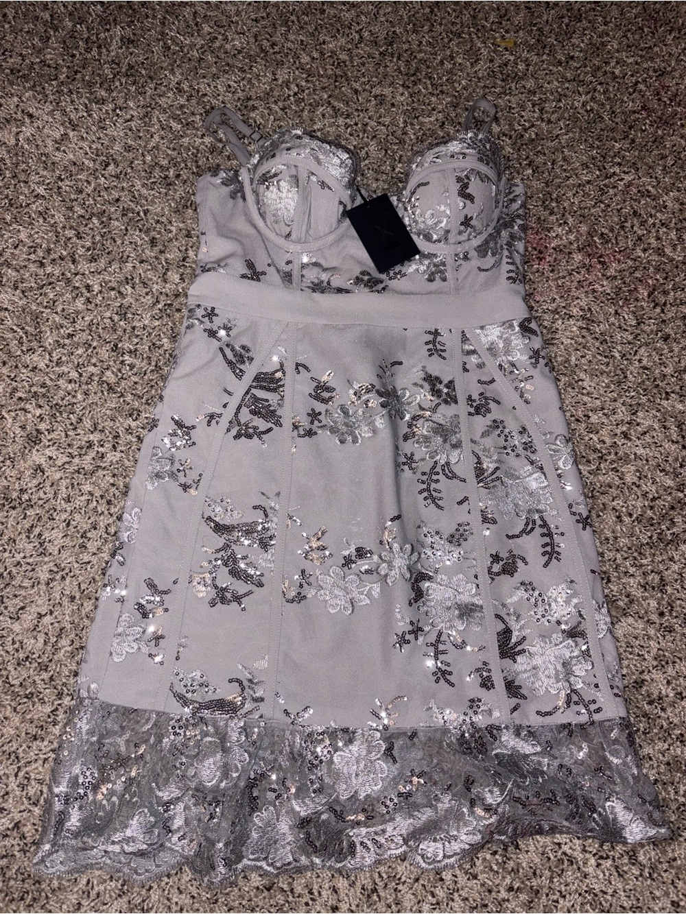 NBD Silver Sequin Lace Fit-and-Flare Dress